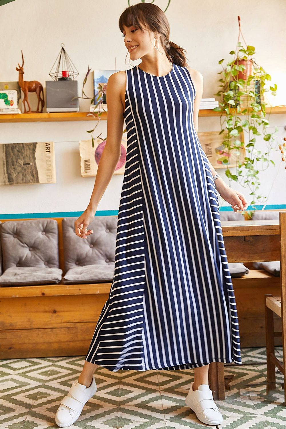 Olalook Women s Navy Blue Striped Long Casual Dress ELB 19001075