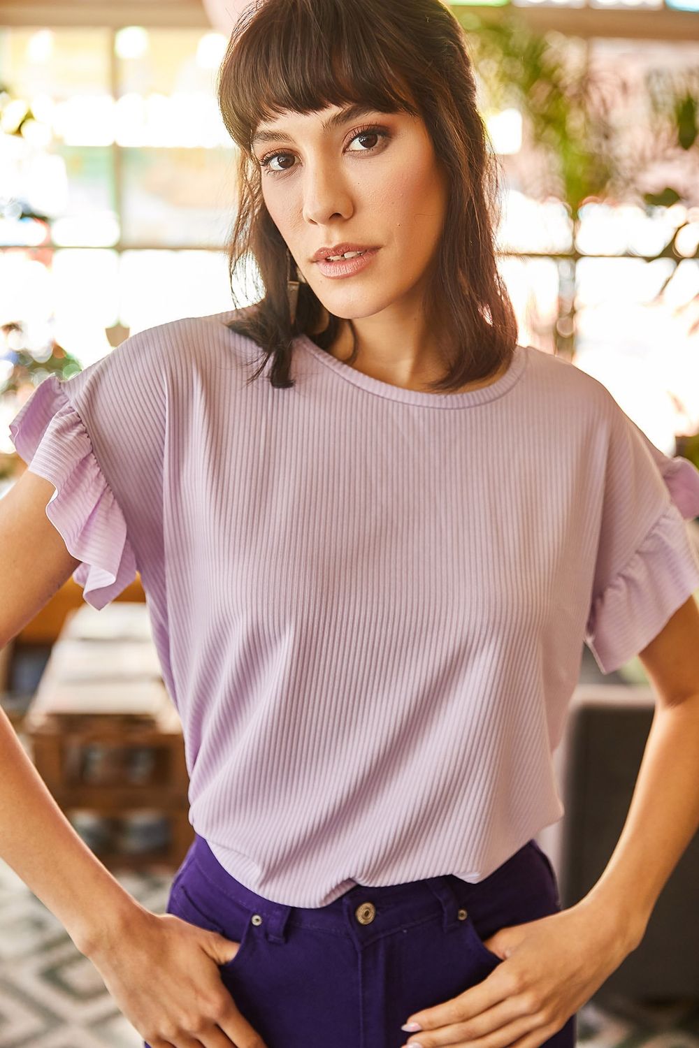 Olalook Damen-T-Shirt mit Rüschenärmeln in Flieder TSH-19000417 - Trendyol