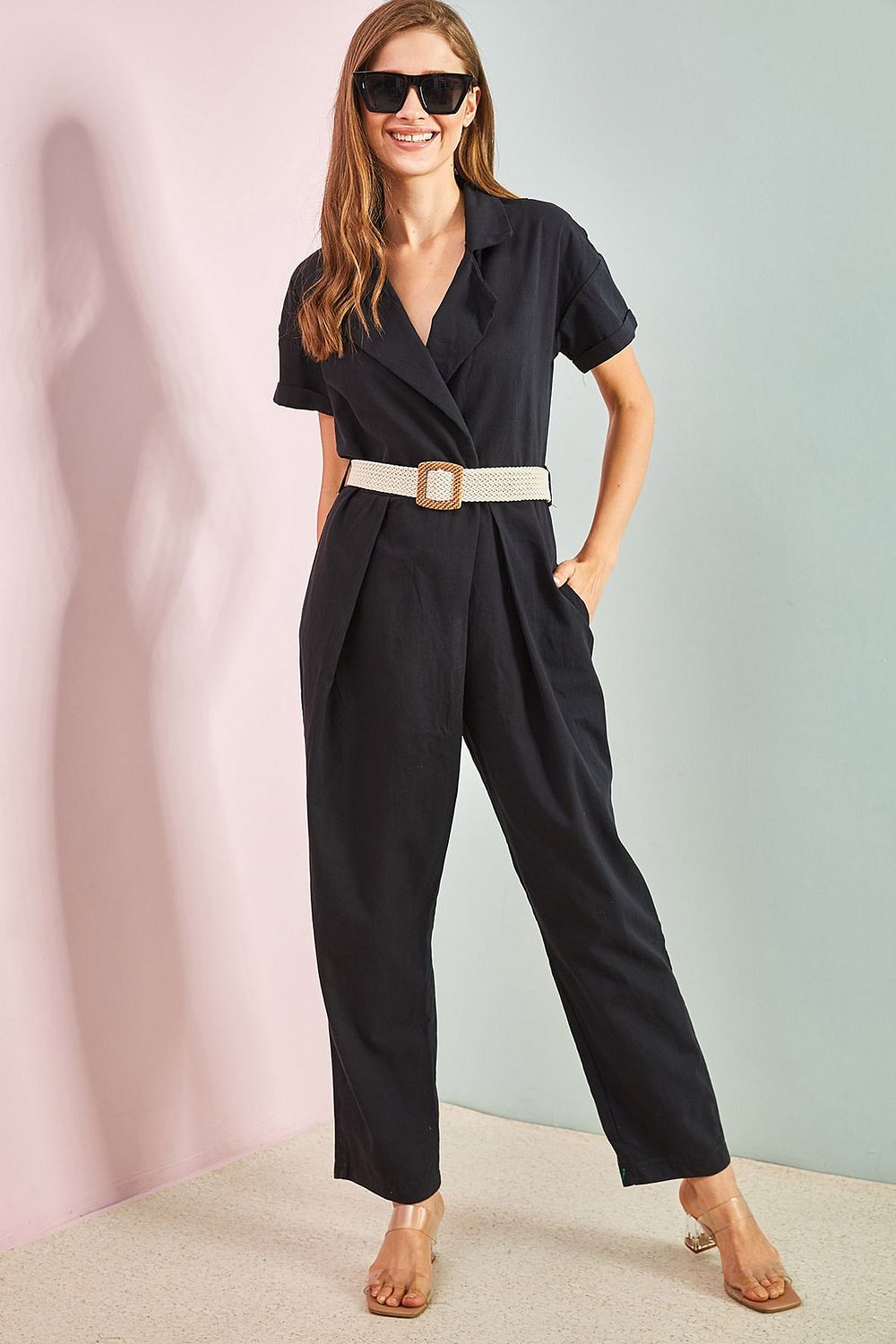 Bianco Lucci Women s Belted Thin Gabardine Jumpsuit 20162 Trendyol