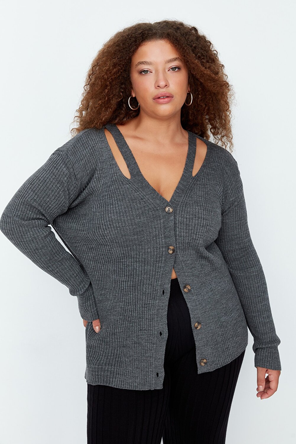 Trendyol Curve Plus Size Cardigan - Gray - Regular fit - Trendyol