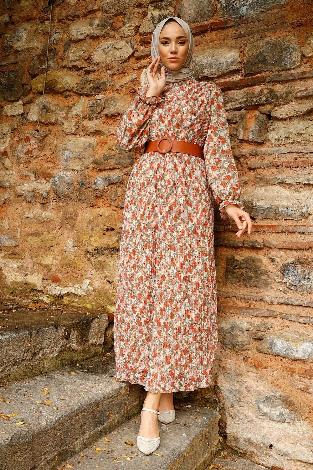 InStyle Floral Pleated 2018 Chiffon Hijab Dress Black Trendyol