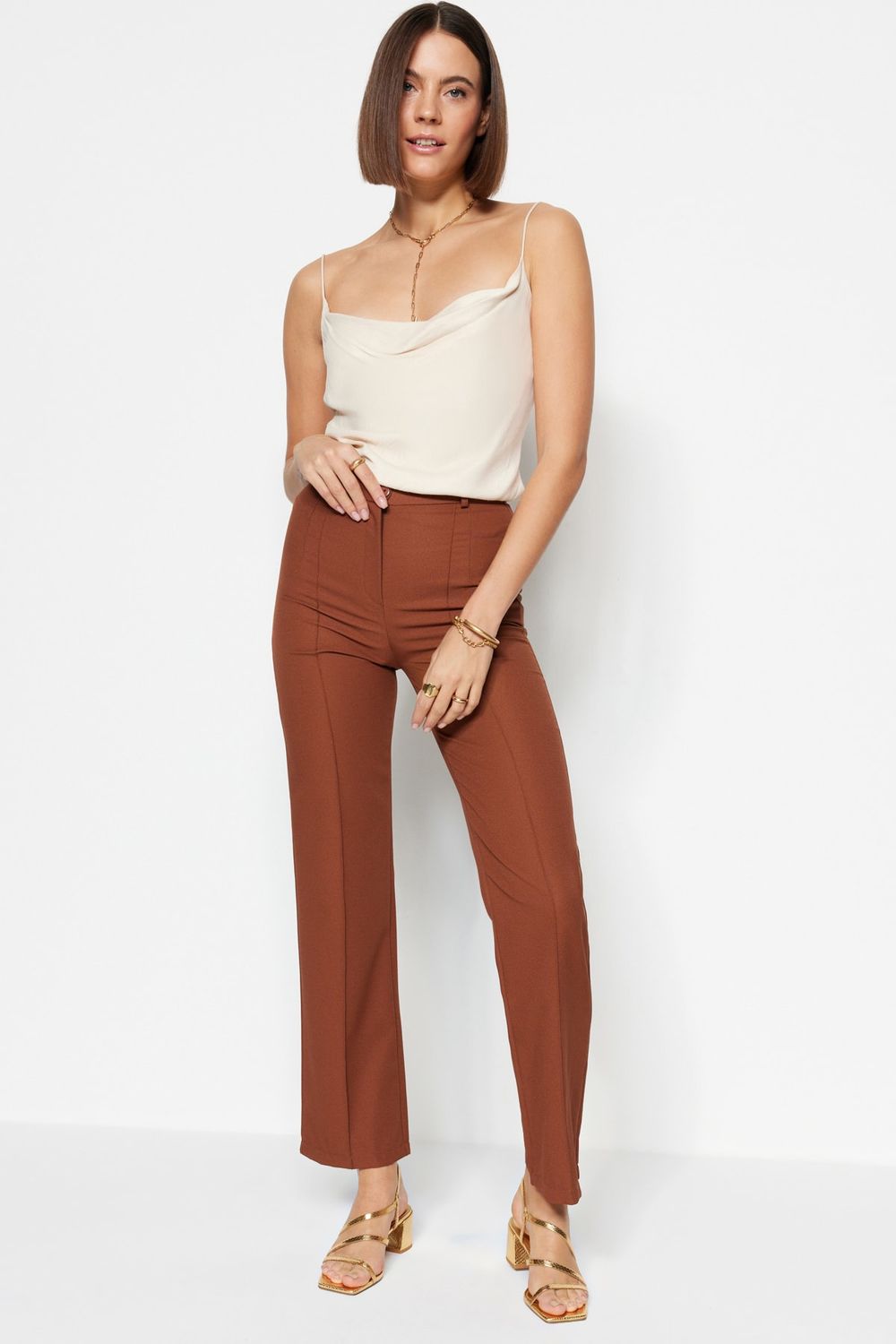 Trendyol Collection Brown Straight Cut High Waist Ribbed Stitched Woven  Trousers TWOSS21PL0093 - Trendyol