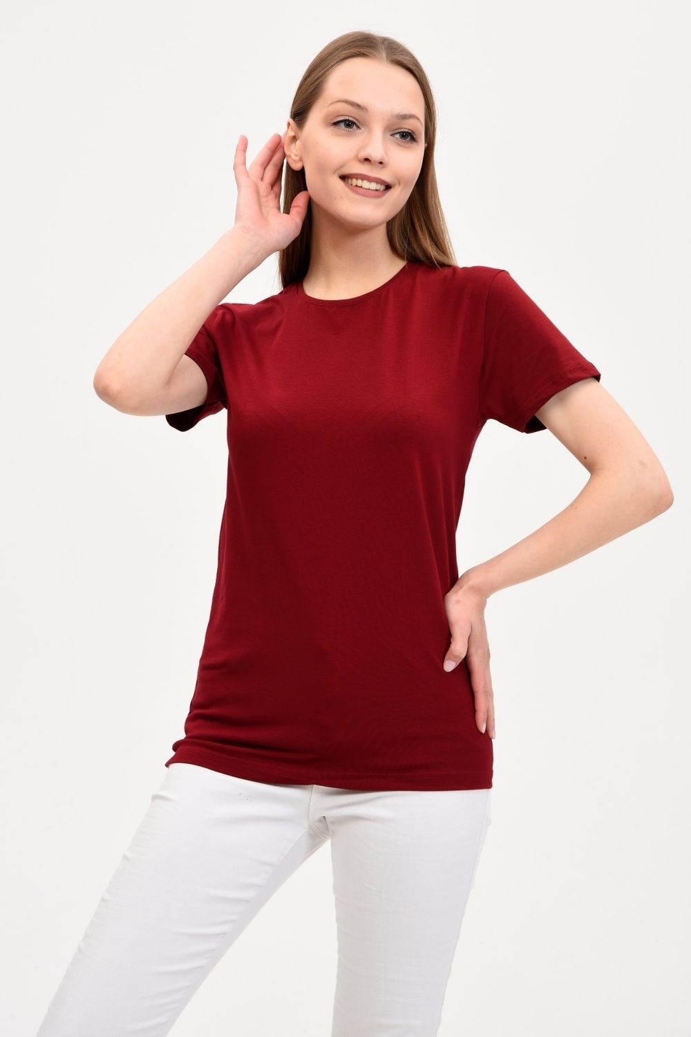 Trendyol Weinrot mit Damen-Basic-T-Shirt Rundhalsausschnitt - GENIUS in