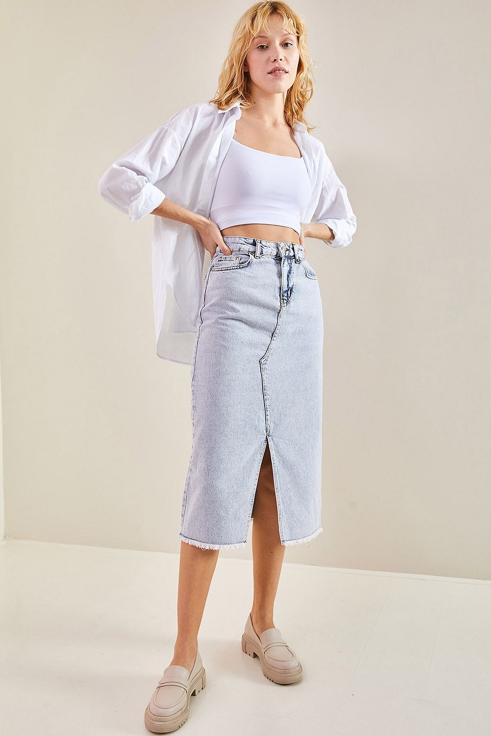 Bianco Lucci Women s Laser Cut Slit Denim Skirt Trendyol