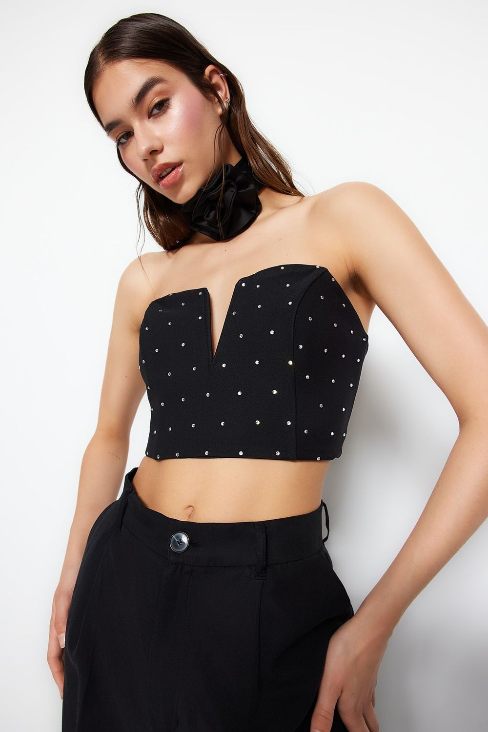Trendyol Collection Black Crop Shiny Stone Bustier TPRSS23BS00130