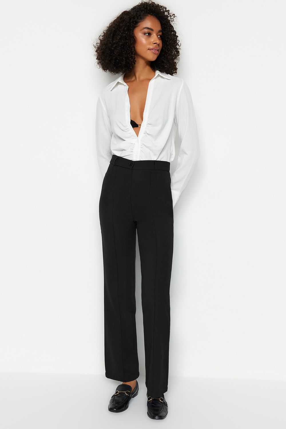 Trendyol Collection Black Straight Cut High Waist Ribbed Stitched Woven  Trousers TWOSS21PL0093 - Trendyol
