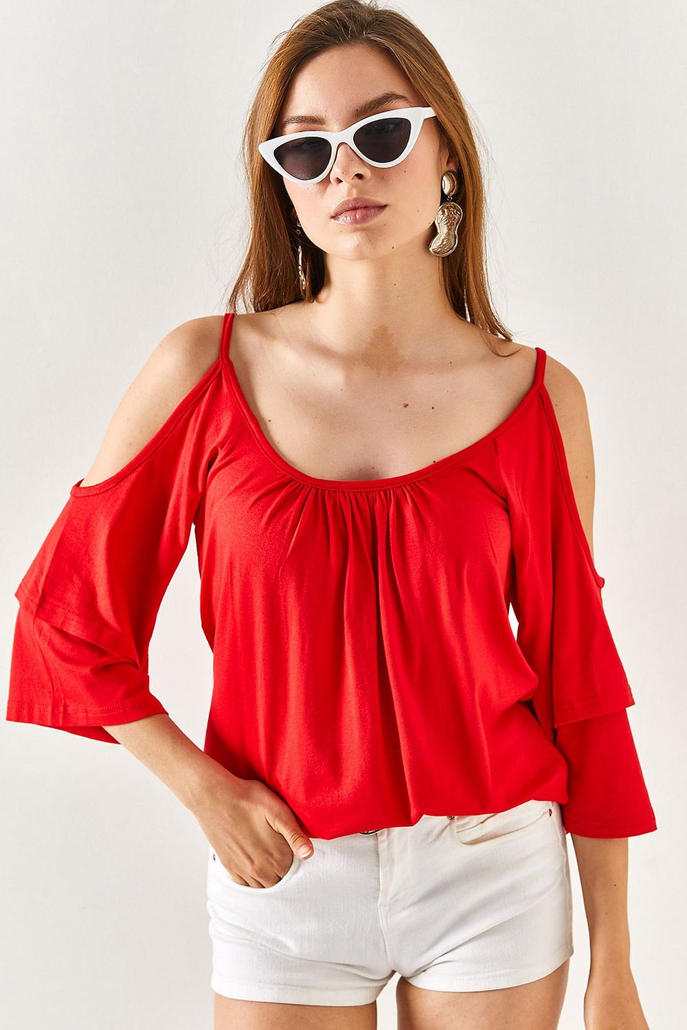 Olalook Women s Red Sleeve Flounced Low cut Flowy Blouse BLZ