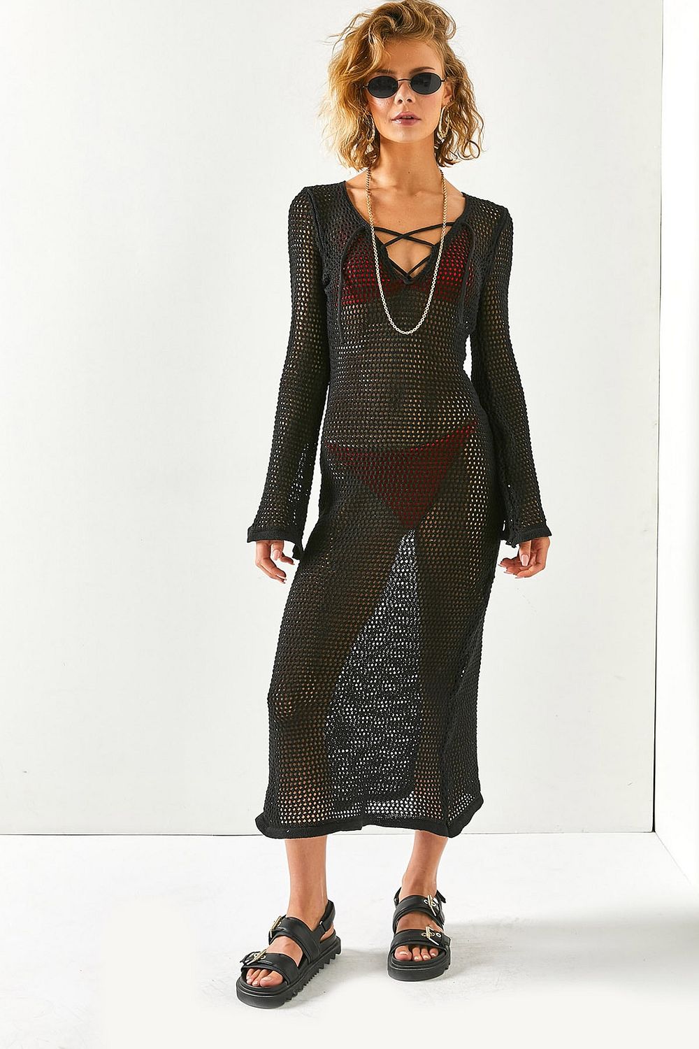 Olalook Women s Black V Neck Lace up Openwork Maxi Beach Dress ELB