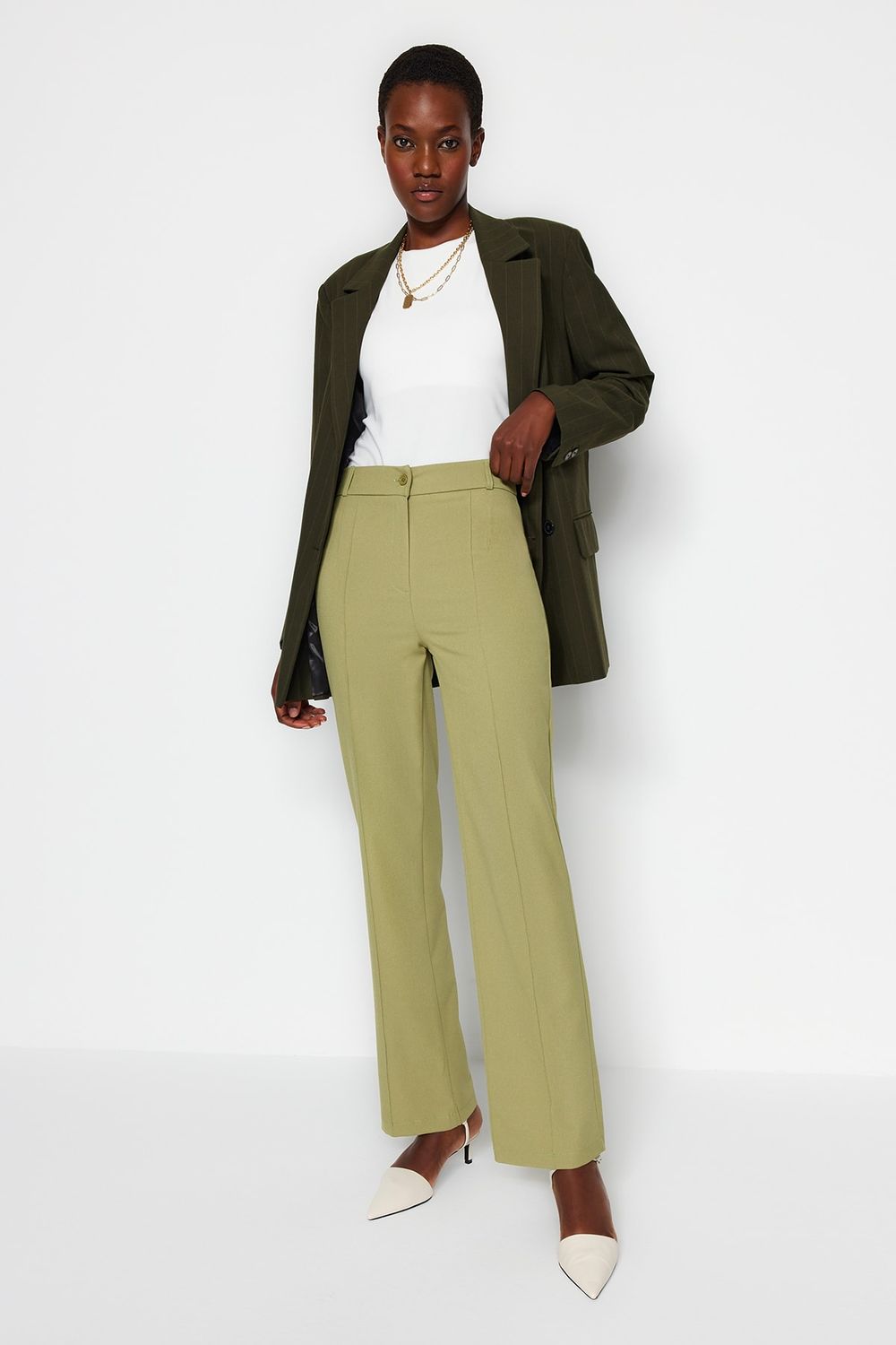 Trendyol Collection Green Straight Cut High Waist Ribbed Stitched Woven  Trousers TWOSS21PL0093 - Trendyol