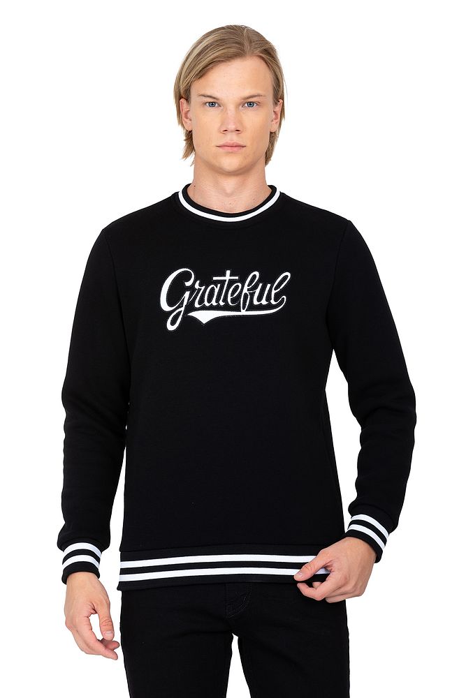 Erkek Siyah Bisiklet Yakalı Nakış Detaylı İçi Şardonlu Pamuklu Sweatshirt 6758