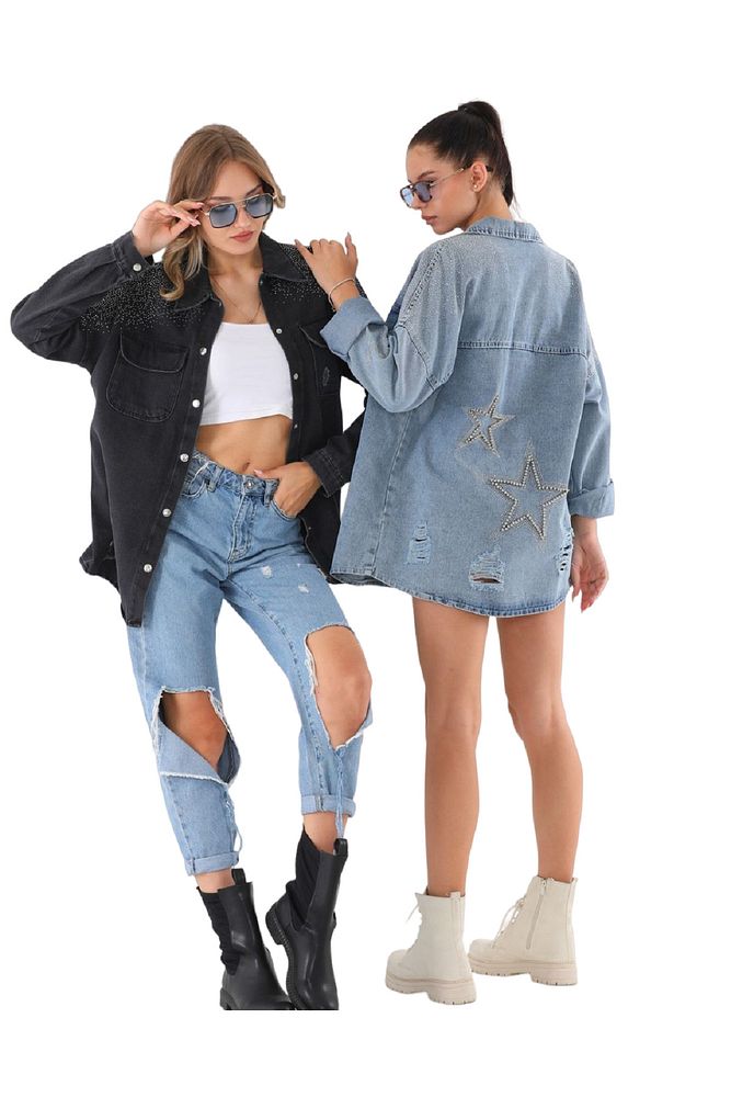 Kadın Mavi Oversize Taşlı Kot Ceket