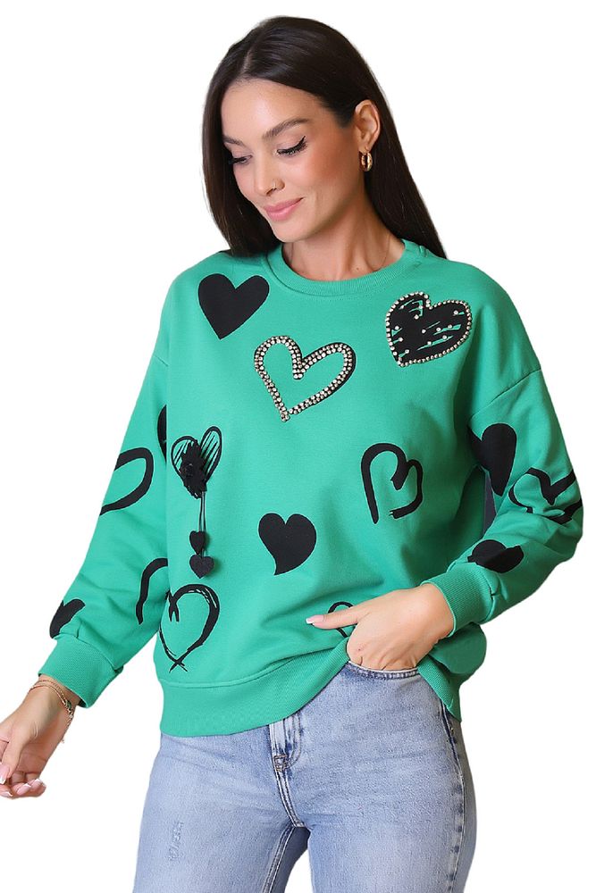 Kadın Yeşil Bisiklet Yaka Iki Iplik Şardonlu Kalp Baskılı Sweatshirt