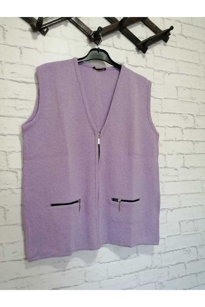 Kışlık, RAHAT KALIP, çelik örme, V yaka ,FERMUARLI 2 cepli kısa yelek lila-XL