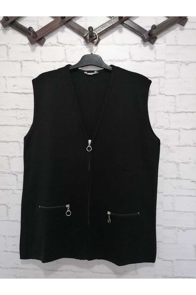 Kışlık, RAHAT KALIP, çelik örme, V yaka ,FERMUARLI 2 cepli kısa yelek siyah-XL