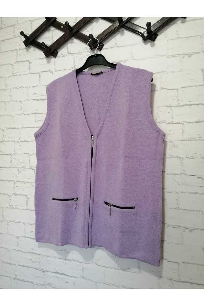 Kışlık, RAHAT KALIP, çelik örme, V yaka ,FERMUARLI 2 cepli kısa yelek lila-XL