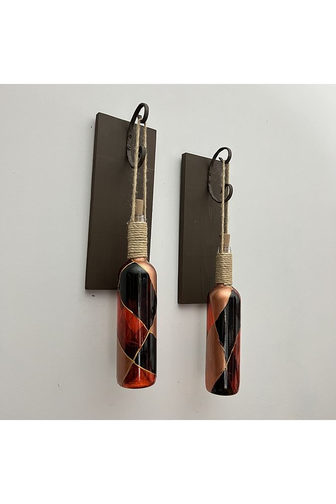 Led Işıklı Ceviz Renkli Vitray Cam Salon Bar bahçe Dekoru Şarap Şişesi Duvar Aplik 2'li Set