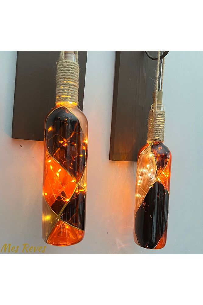 Led Işıklı Ceviz Renkli Vitray Cam Salon Bar bahçe Dekoru Şarap Şişesi Duvar Aplik 2'li Set