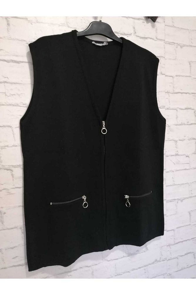 Kışlık, RAHAT KALIP, çelik örme, V yaka ,FERMUARLI 2 cepli kısa yelek siyah-XL