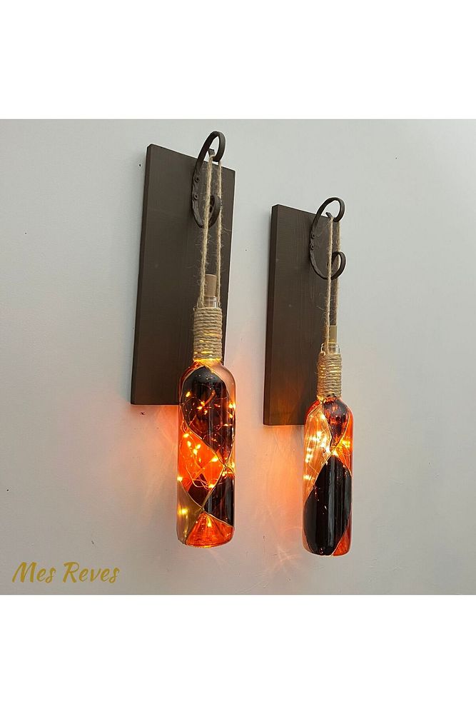 Led Işıklı Ceviz Renkli Vitray Cam Salon Bar bahçe Dekoru Şarap Şişesi Duvar Aplik 2'li Set