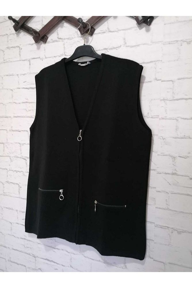 Kışlık, RAHAT KALIP, çelik örme, V yaka ,FERMUARLI 2 cepli kısa yelek siyah-XL