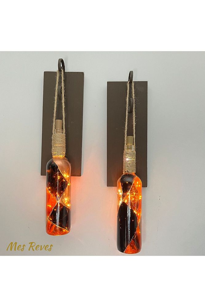 Led Işıklı Ceviz Renkli Vitray Cam Salon Bar bahçe Dekoru Şarap Şişesi Duvar Aplik 2'li Set