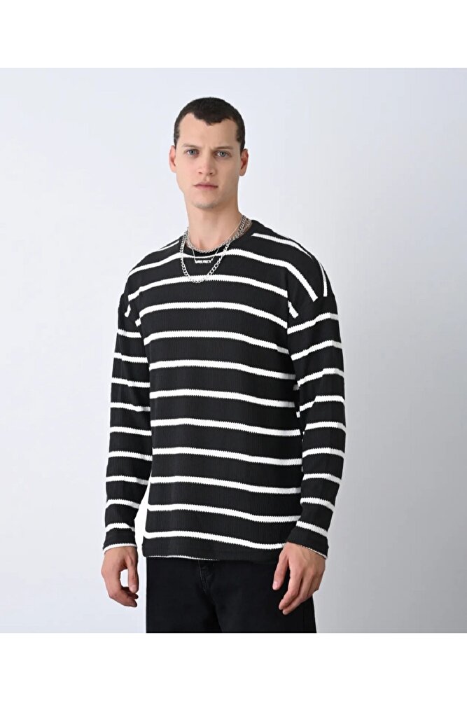 Erkek Oversize Çizgili Bisiklet Yaka Spor Triko Kazak
