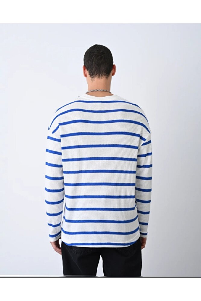 Erkek Oversize Çizgili Bisiklet Yaka Spor Triko Kazak