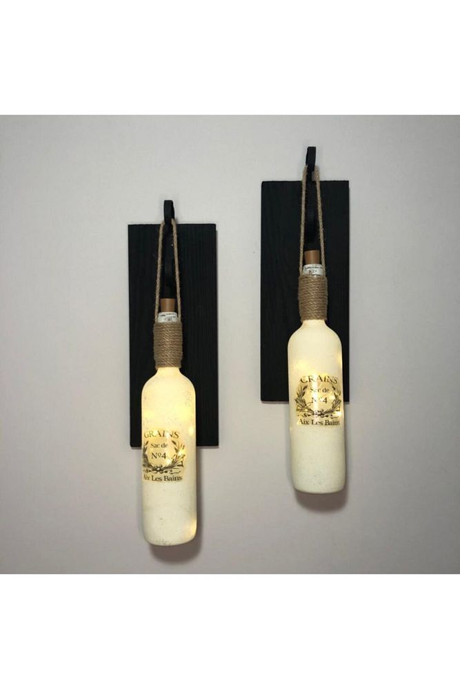 Led Işıklı Siyah Renkli Özel Buzlu Cam Şarap Şişesi Duvar Aplik 2'li Set