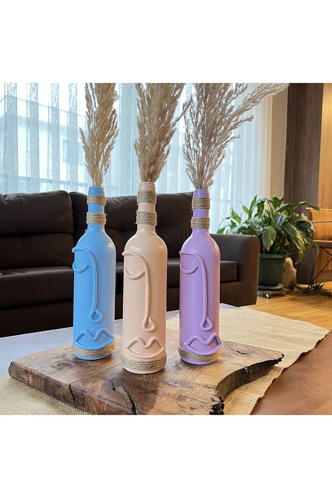 Cam Şarap Şişesi Dekorasyonları 3'lü Set, Soyut Yüz Desenli Pastel tonlarda Dekoratif Şişeler