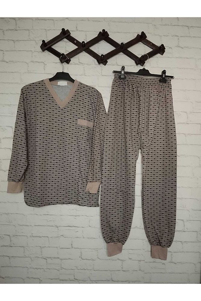 Yeni desen %100 ham pamuk, likrasız, KIŞLIK içi şardonlu, uzun kollu , baba pijama takımı Gri-2XL