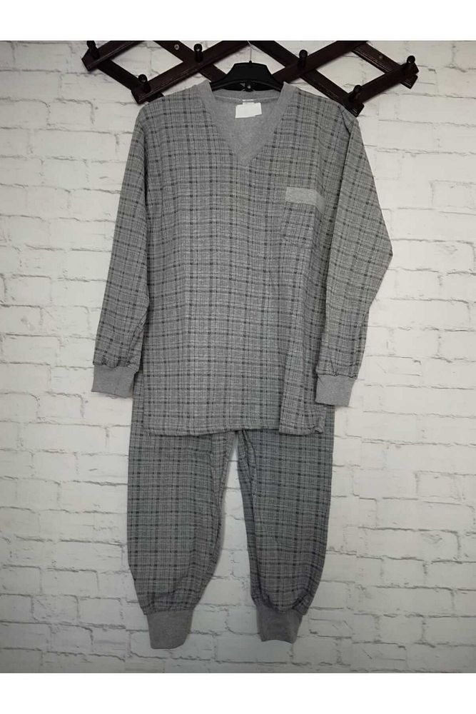 Yeni desen %100 ham pamuk, likrasız, KIŞLIK içi şardonlu, uzun kollu , baba pijama takımı Gri-2XL