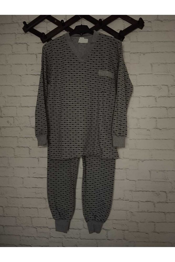 Yeni desen %100 ham pamuk, likrasız, KIŞLIK içi şardonlu, uzun kollu , baba pijama takımı Gri-2XL