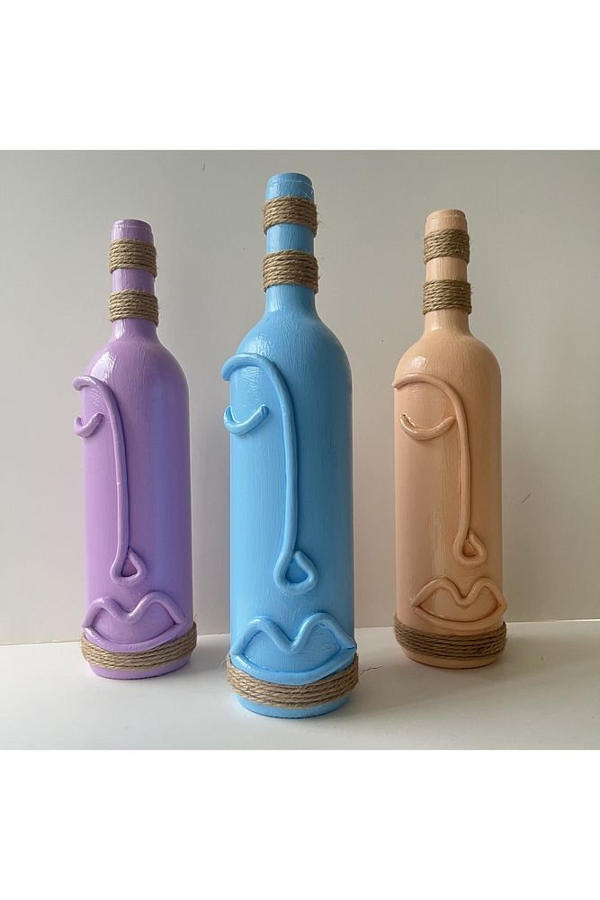 Cam Şarap Şişesi Dekorasyonları 3'lü Set, Soyut Yüz Desenli Pastel tonlarda Dekoratif Şişeler