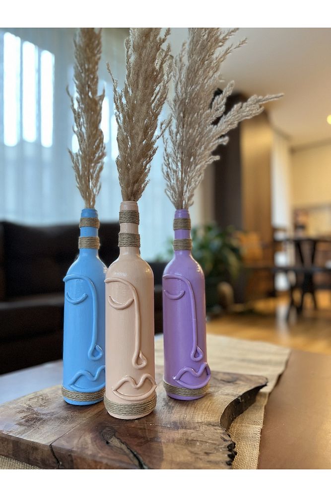 Cam Şarap Şişesi Dekorasyonları 3'lü Set, Soyut Yüz Desenli Pastel tonlarda Dekoratif Şişeler