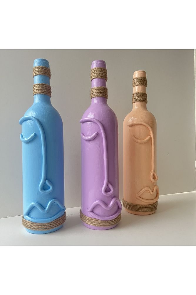 Cam Şarap Şişesi Dekorasyonları 3'lü Set, Soyut Yüz Desenli Pastel tonlarda Dekoratif Şişeler
