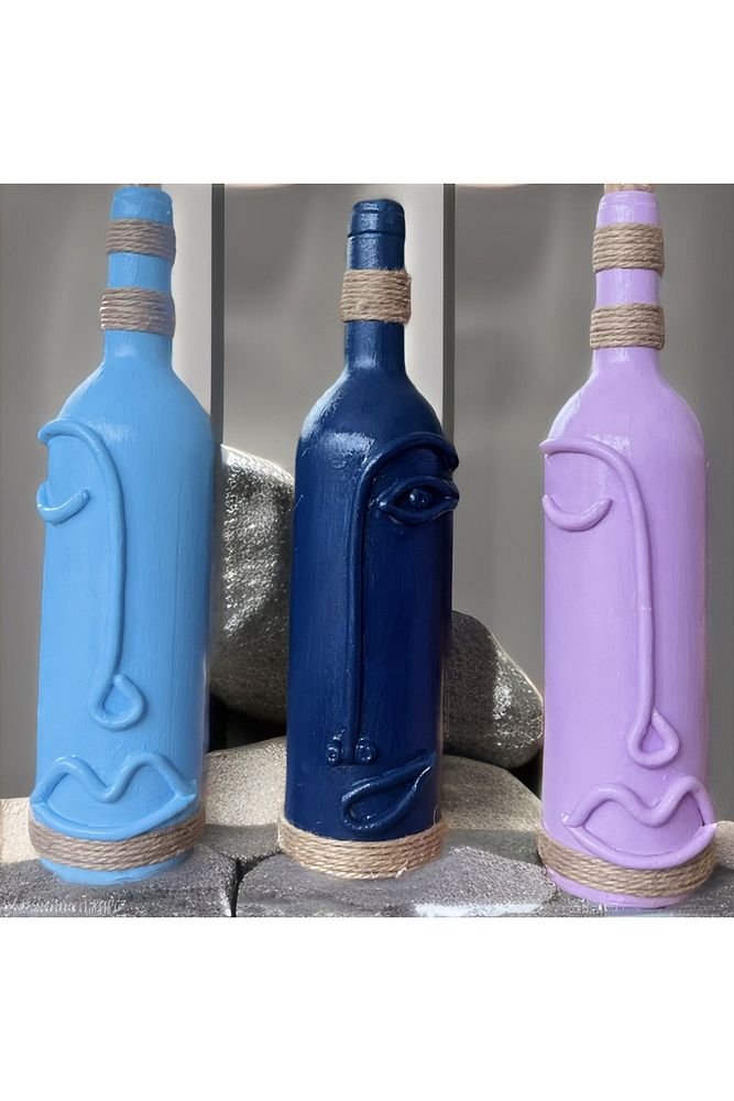 Cam Şarap Şişesi Dekorasyonları 3'lü Set, Soyut Yüz Desenli Pastel tonlarda Dekoratif Şişeler