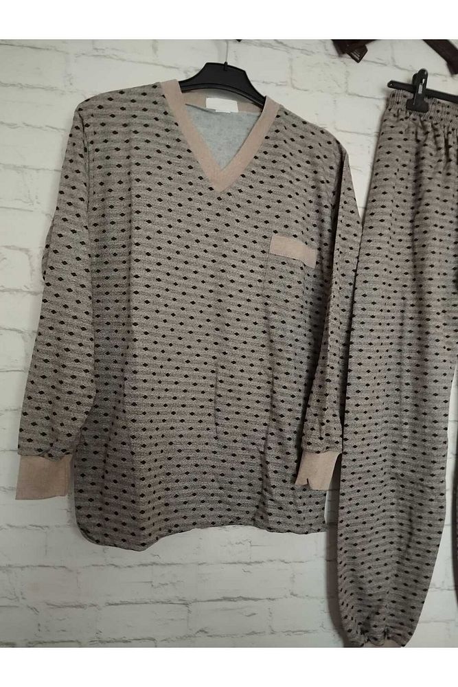 Yeni desen %100 ham pamuk, likrasız, KIŞLIK içi şardonlu, uzun kollu , baba pijama takımı Gri-2XL