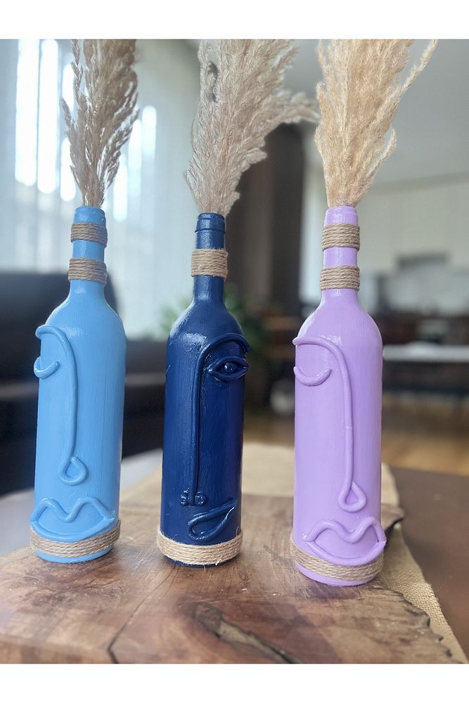 Cam Şarap Şişesi Dekorasyonları 3'lü Set, Soyut Yüz Desenli Pastel tonlarda Dekoratif Şişeler