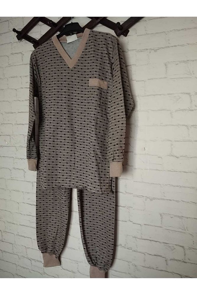 Yeni desen %100 ham pamuk, likrasız, KIŞLIK içi şardonlu, uzun kollu , baba pijama takımı Gri-2XL