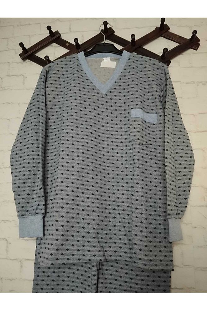 Yeni desen %100 ham pamuk, likrasız, KIŞLIK içi şardonlu, uzun kollu , baba pijama takımı Gri-2XL