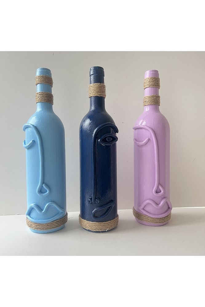 Cam Şarap Şişesi Dekorasyonları 3'lü Set, Soyut Yüz Desenli Pastel tonlarda Dekoratif Şişeler