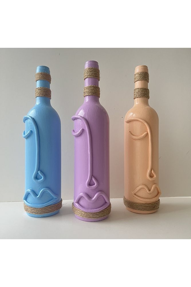 Cam Şarap Şişesi Dekorasyonları 3'lü Set, Soyut Yüz Desenli Pastel tonlarda Dekoratif Şişeler
