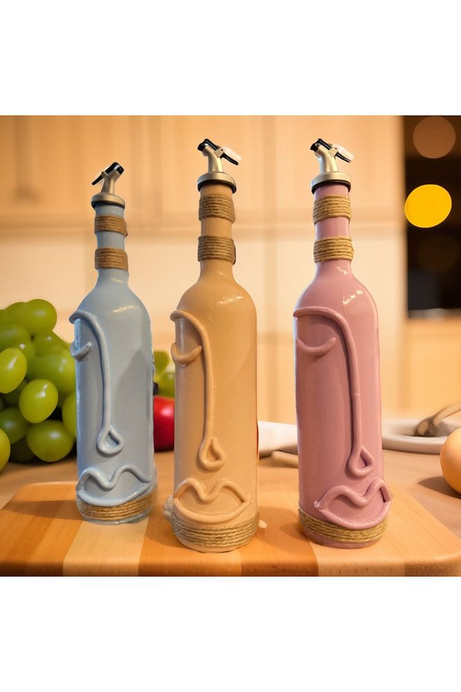 Cam Şarap Şişesi Dekorasyonları 3'lü Set, Soyut Yüz Desenli Pastel tonlarda Dekoratif Şişeler