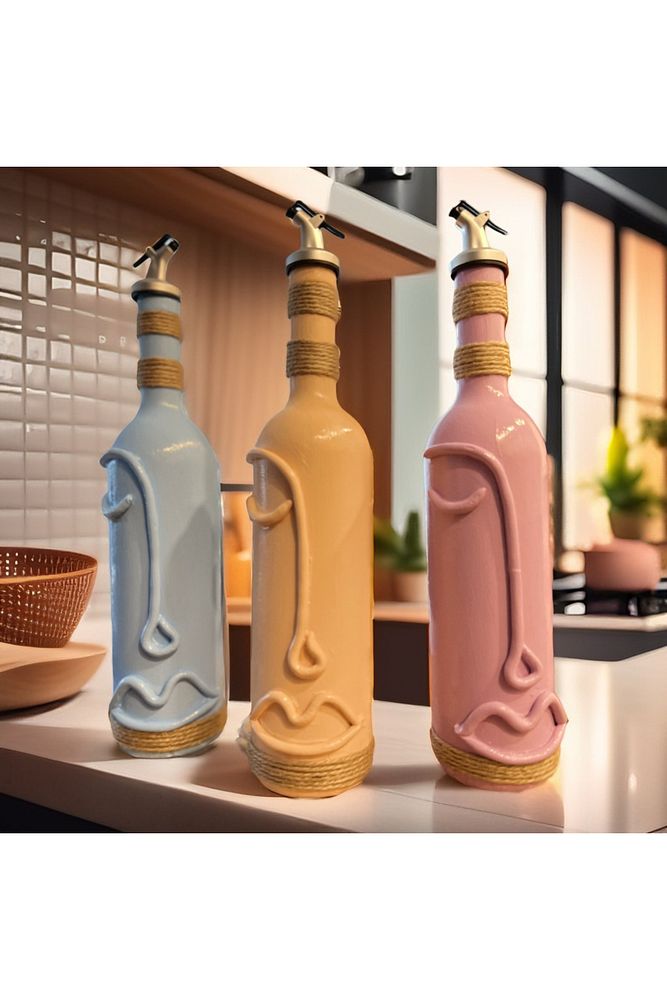 Cam Şarap Şişesi Dekorasyonları 3'lü Set, Soyut Yüz Desenli Pastel tonlarda Dekoratif Şişeler
