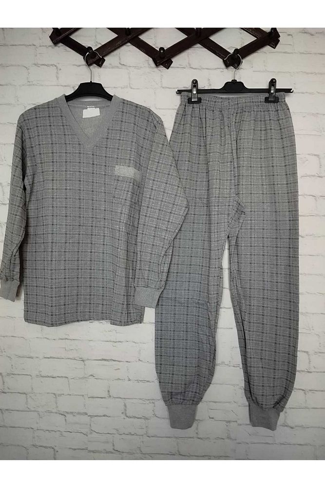 Yeni desen %100 ham pamuk, likrasız, KIŞLIK içi şardonlu, uzun kollu , baba pijama takımı Gri-2XL