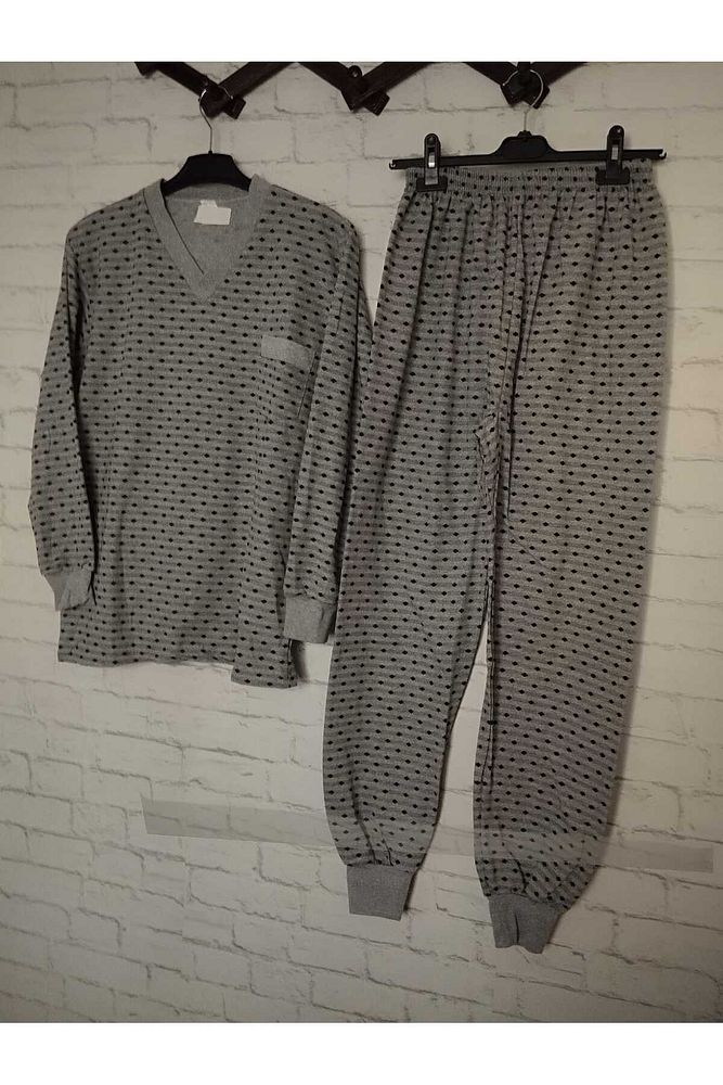 Yeni desen %100 ham pamuk, likrasız, KIŞLIK içi şardonlu, uzun kollu , baba pijama takımı Gri-2XL