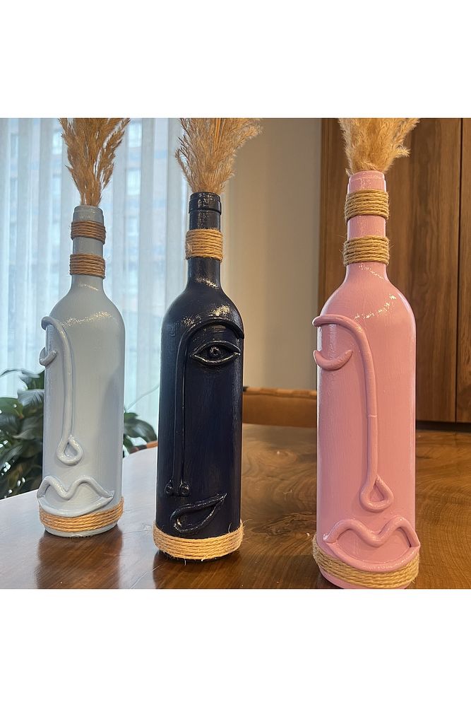 Cam Şarap Şişesi Dekorasyonları 3'lü Set, Soyut Yüz Desenli Pastel tonlarda Dekoratif Şişeler