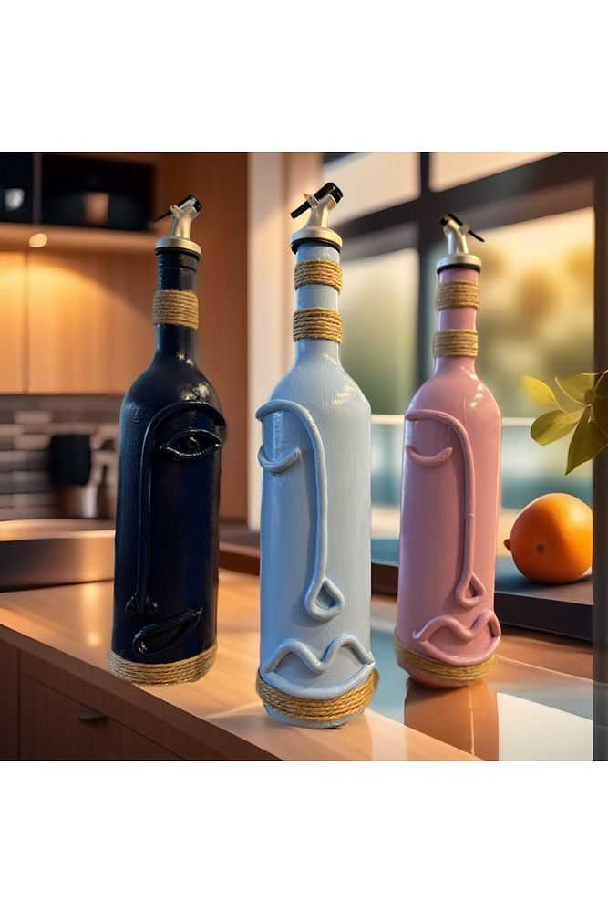 Cam Şarap Şişesi Dekorasyonları 3'lü Set, Soyut Yüz Desenli Pastel tonlarda Dekoratif Şişeler