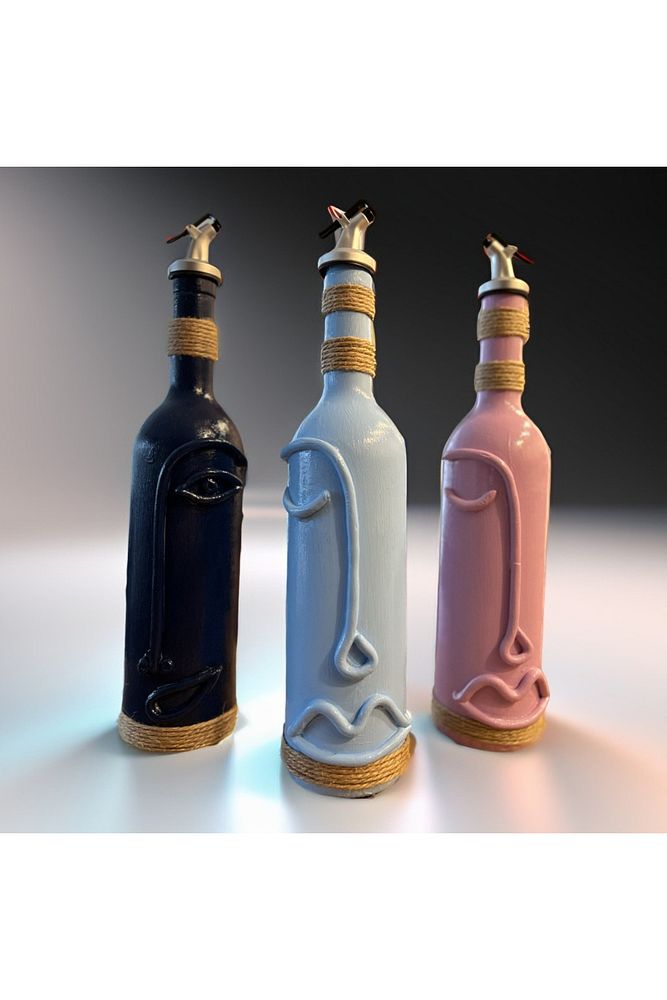 Cam Şarap Şişesi Dekorasyonları 3'lü Set, Soyut Yüz Desenli Pastel tonlarda Dekoratif Şişeler