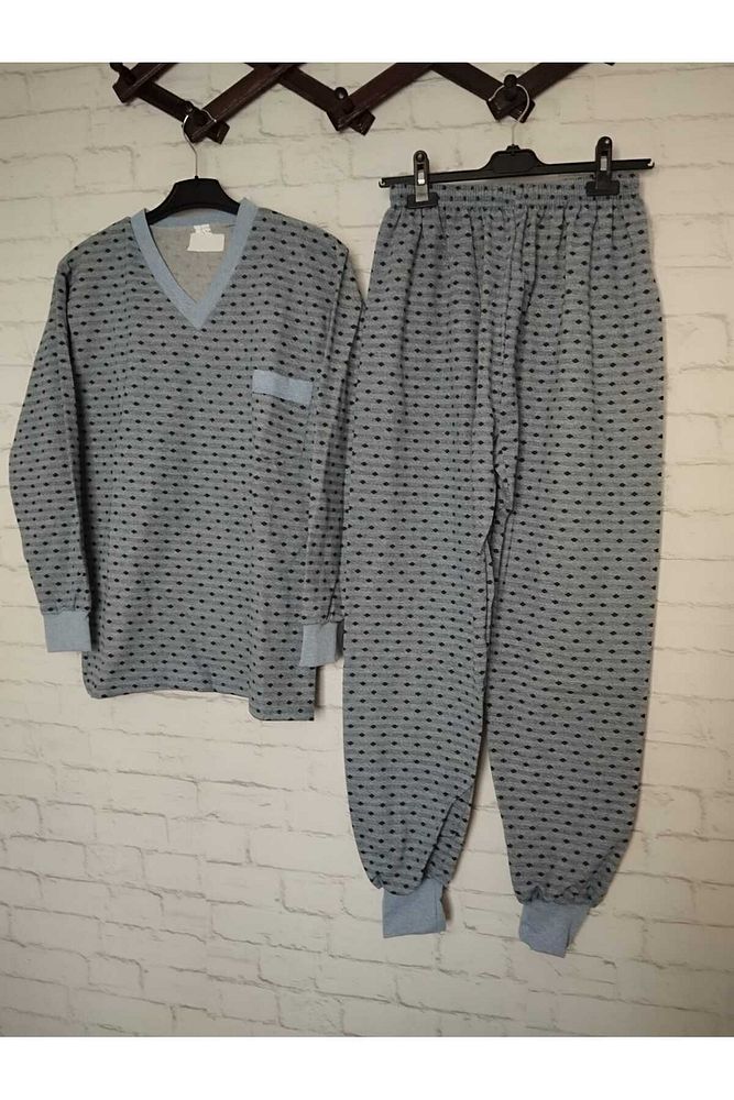 Yeni desen %100 ham pamuk, likrasız, KIŞLIK içi şardonlu, uzun kollu , baba pijama takımı Gri-2XL